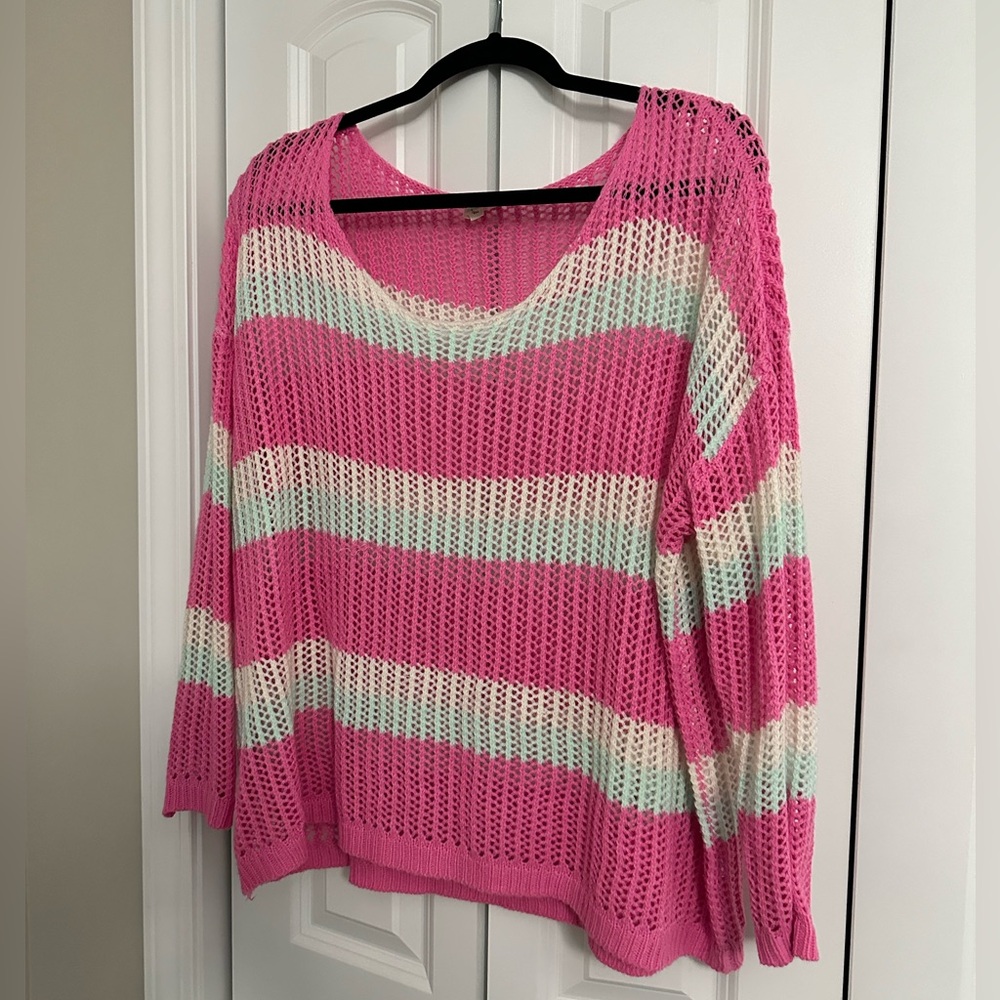 Pink, white pullover sweater, size large